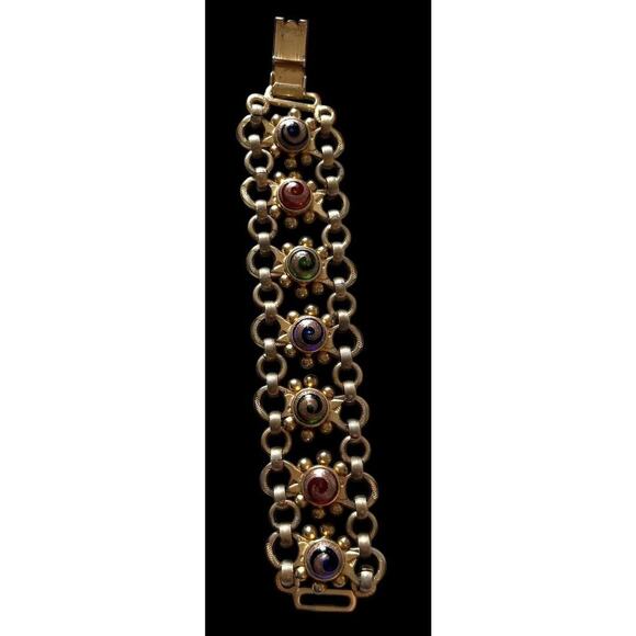 Venetian Art Glass Swirl Bracelet Wide Ornate Open Link Statement Copper - Picture 10 of 12